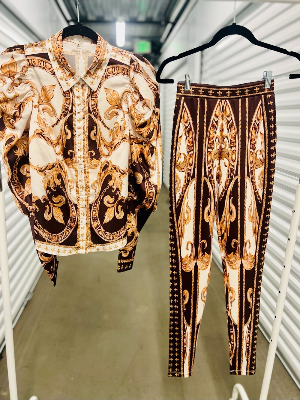 Brown Cream Baroque-Print High-Waist Pant Set - Picture 4 of 8